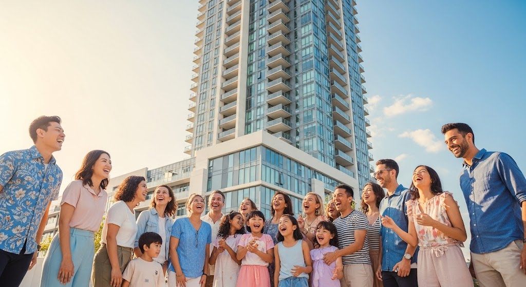 Happy community of residents in front of their high-rise building